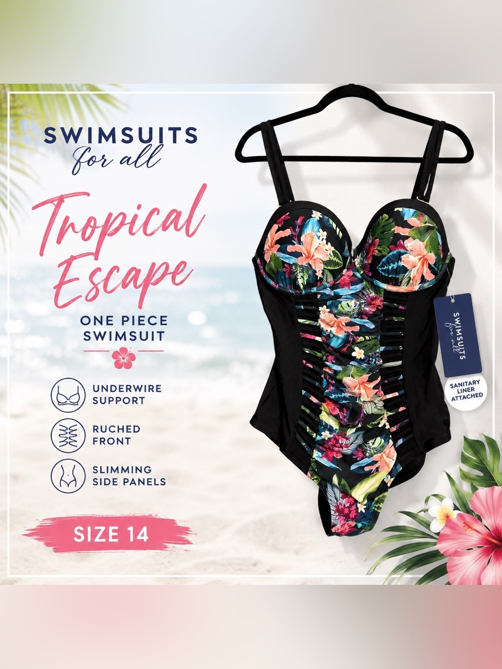 Swimsuits For All Tropical Floral Underwire One Piece Swimsuit NWT Size 14